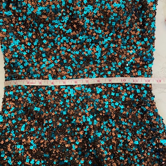 Scala Vintage One Shoulder Blue Bronze Embellished Sequin Mini Dress | Medium - Picture 10 of 11